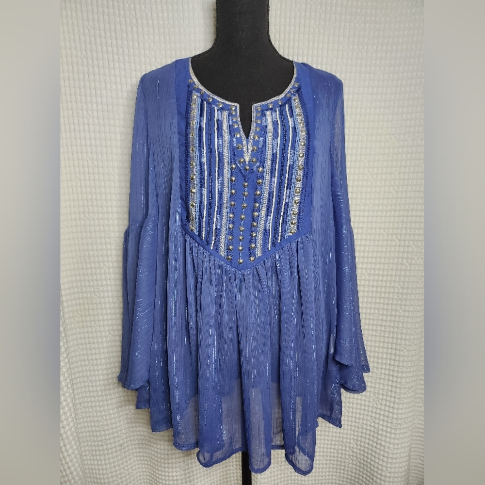 Three Bird Nest blue blouse with bell sleeves